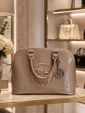 GUESS Mushroom Taupe Patent Dome Satchel Bag Logo Charm